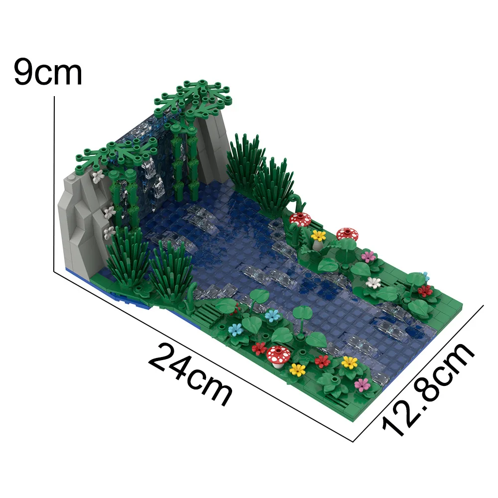 647pcs Waterfall Scene Moc Building Blocks Set Creative Pond Flower Mushroom Small Particle Assembled Bricks Model Kids Toy Gift