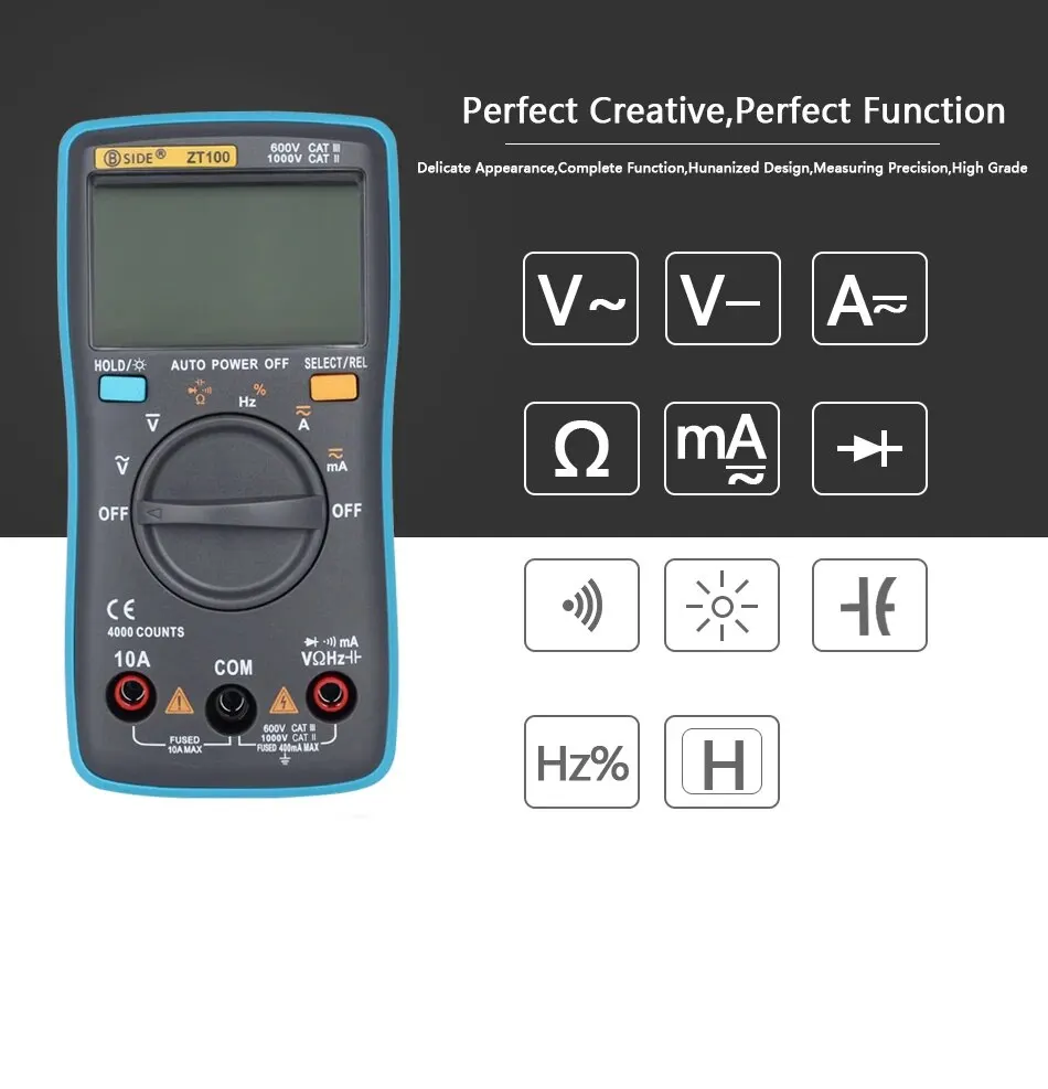 BSIDE Digital Multimeter 4000 Counts DC/AC Voltage Current Capacitance Hz Diode Ohm Tester Ammeter Voltmeter Backlight 2