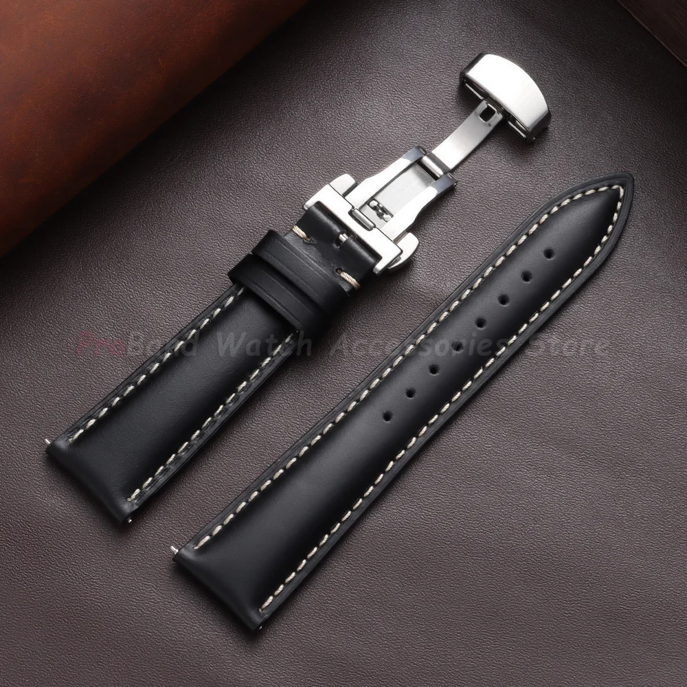 Vintage Brown Oil Wax Leather Watch Strap with Butterfly Buckle - Men's Accessory