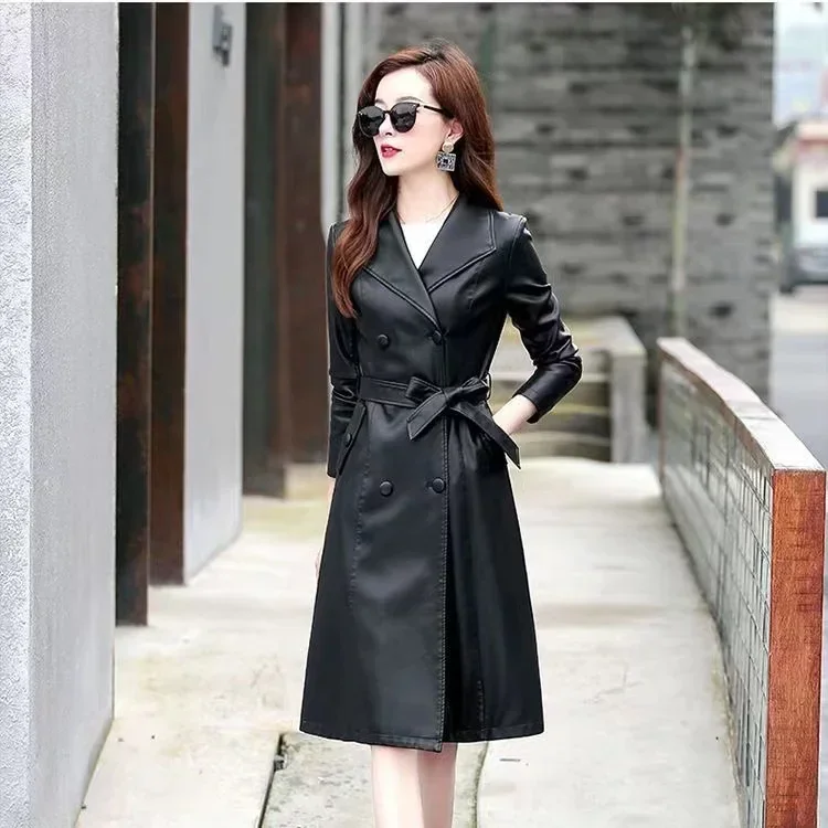 Top Compound lambskin leather jacket lady Free wash PU women clothing trench Long faux fur coat streetwear casaca para mujer