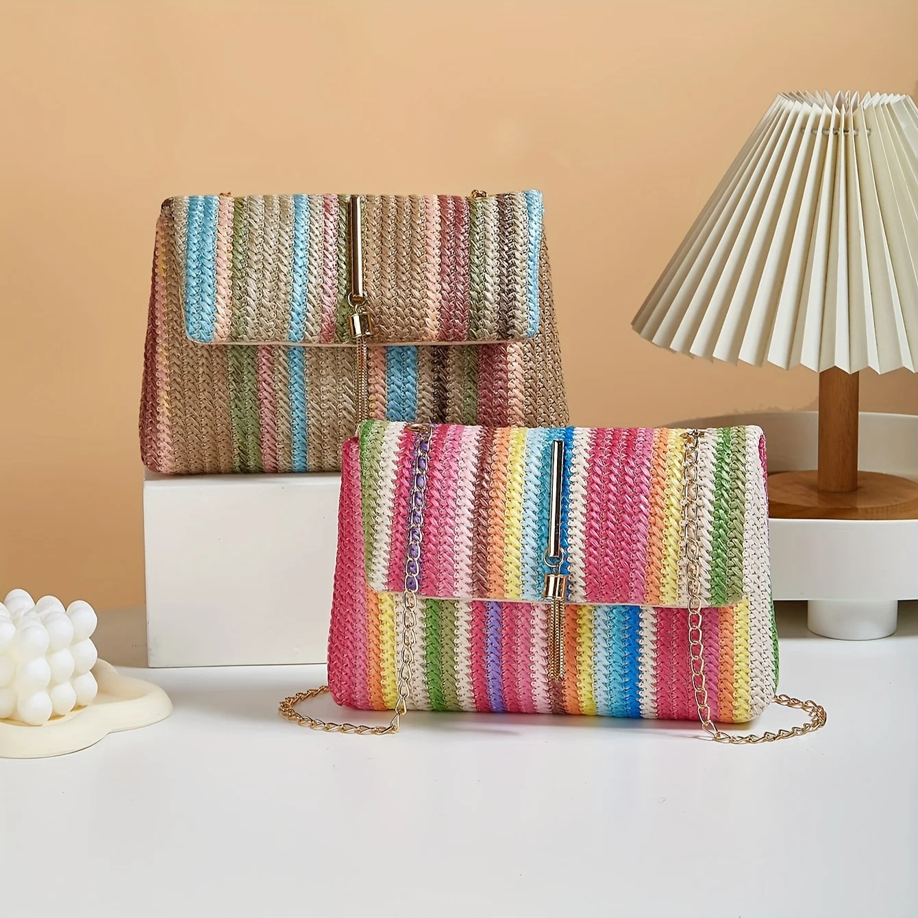 Chic Rainbow Stripe Straw Crossbody Bag for Women Adjustable Shoulder Strap Magnetic Closure Tassel Accent, Fashion Square Purse