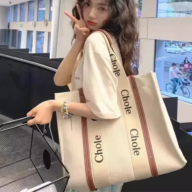 

Chloe Women's bag Classic Luxury Brand Canvas Letters Leather Handbag Fashion Trendy Shopping Beach Bag Classic Woody Tote Bags