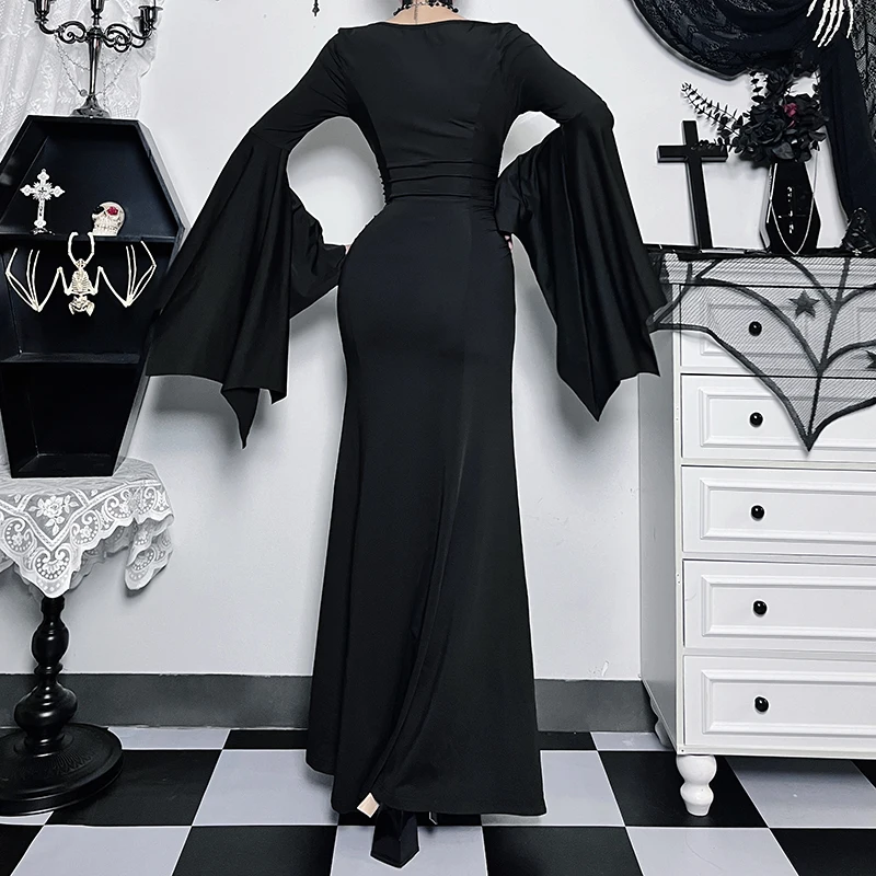 green emerald velvet dress Black High Neck Flared Sleeve Velvet Dress main image 1