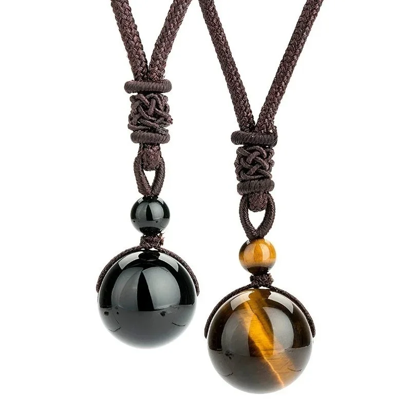 Pendant Necklace 14mm Tiger Eyes Obsidian Beads Natural Stone Pendant Adjustable Fashion Charm Jewellery Carved Amulet Gifts For Men Her Pendant Necklace Silver Necklace
