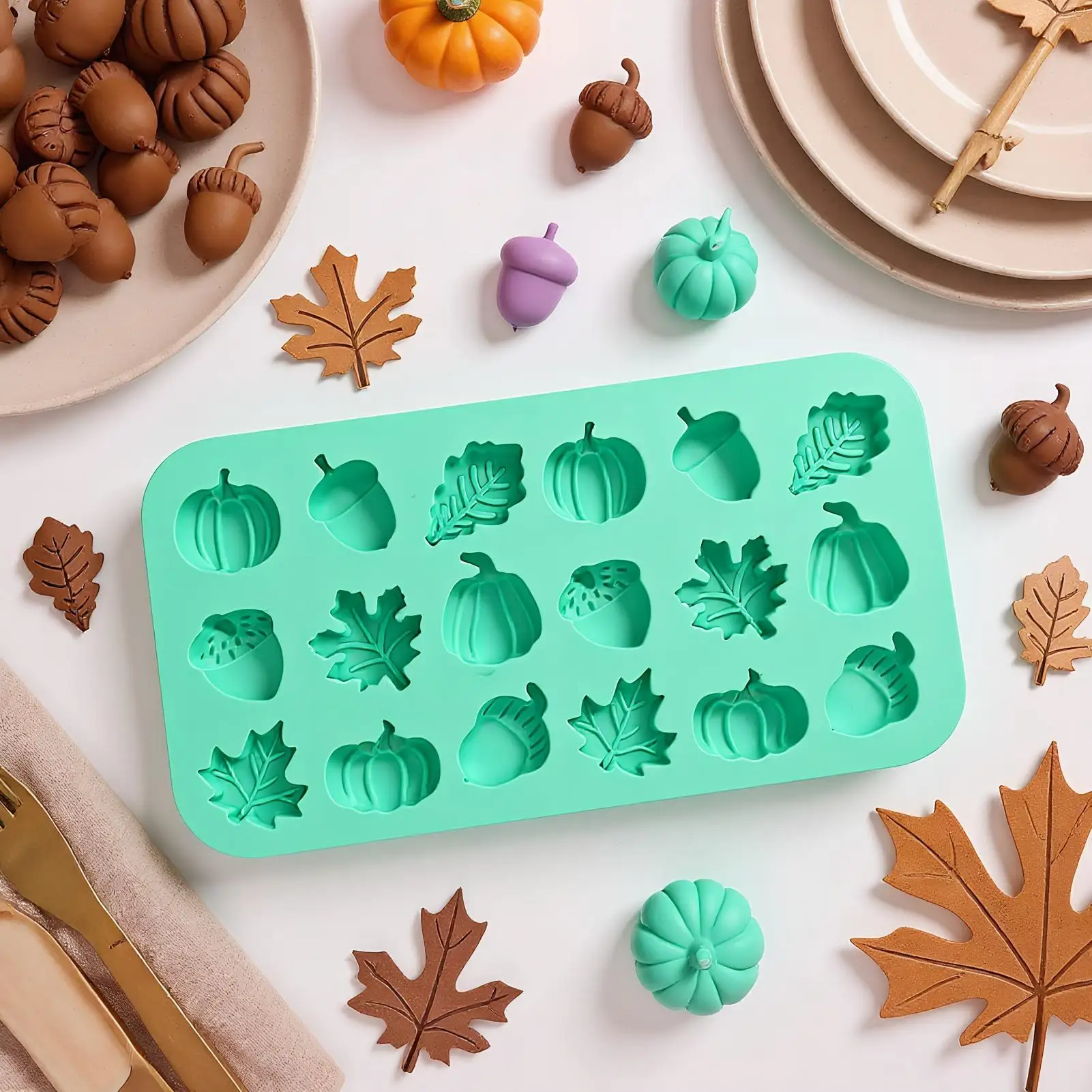 Fall Resin Molds 18-Cavity Candy Pumpkin Pine Cone Maple Leaves Moulds Mini Silicone Non Stick Easy Release Molds for Craft Soap