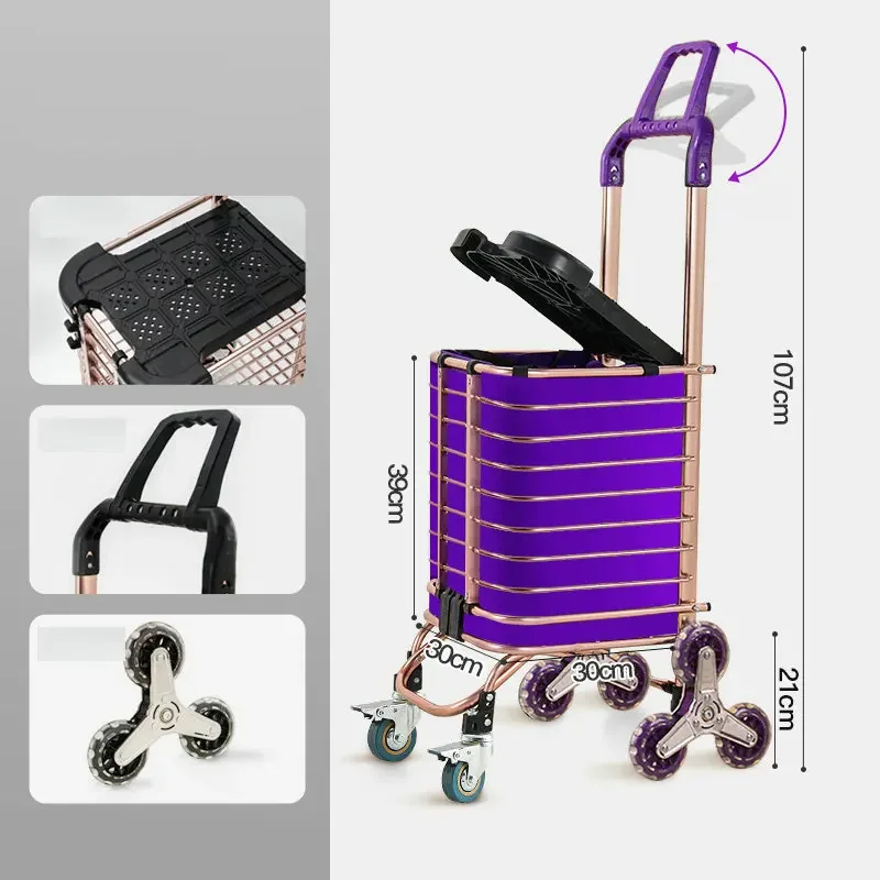 Folding Shopping Cart For Groceries, Gold Color Stair Climbing Trolley with Cover (Can Sit) & Rolling Swivel Wheels