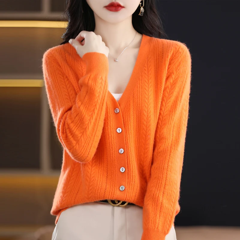 

Early Spring Woman' s Sweaters Female Cardigan V-Neck Long Sleeve Coats Sexy Hollow Clothes Jacket 100% Wool Knitted Top Outwear