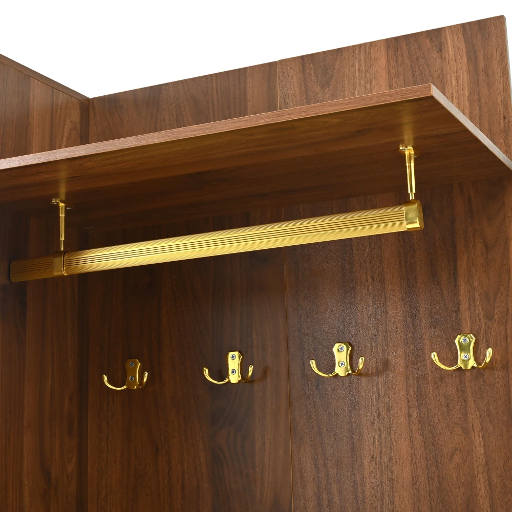 Modernes Kleiderschrank-Set mit Spiegel und LED-Beleuchtung, 6 goldene Haken + Schuhschrank + Sitzbank, Kleiderschrank mit oberem Ablagefach – Detail 19