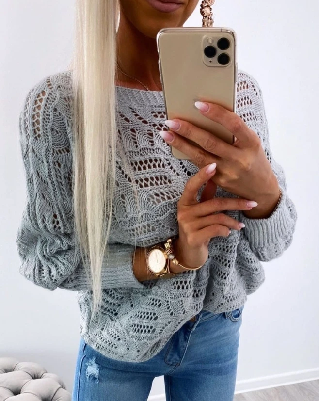 

Hollow Out Round Neck Knitted Sweater, Best-Selling Fashion Long Sleeved Warm Autumn and Winter Pullover of The Year