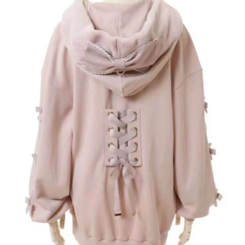 Fashion Sweet Cute Hooded Rabbit Ears Long Cardigan 2023 Autumn and Winter Solid Color Long Sleeve Women's Coat Sweatshirt