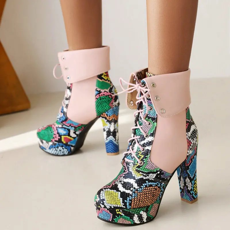 

Fashion Lady Color Matching Platform Short Boots Autumn Winter Super High Heel Cross Tied Mid Calf Boots Snakeskin Women's Shoes