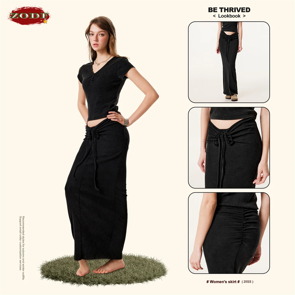 ZODF Retro 2025 Spring Women 275gsm Long Skirt Female Girls Sexy Washed Distressed Slim Fit Skirts HY1002 4