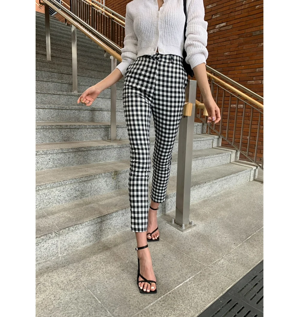 pueblo Merecer algun lado Pantalones a cuadros blancos y negros para mujer, cintura alta, elásticos,  adelgazantes, delgados, primavera y otoño, nueva versión coreana clásica a  cuadros de - AliExpress