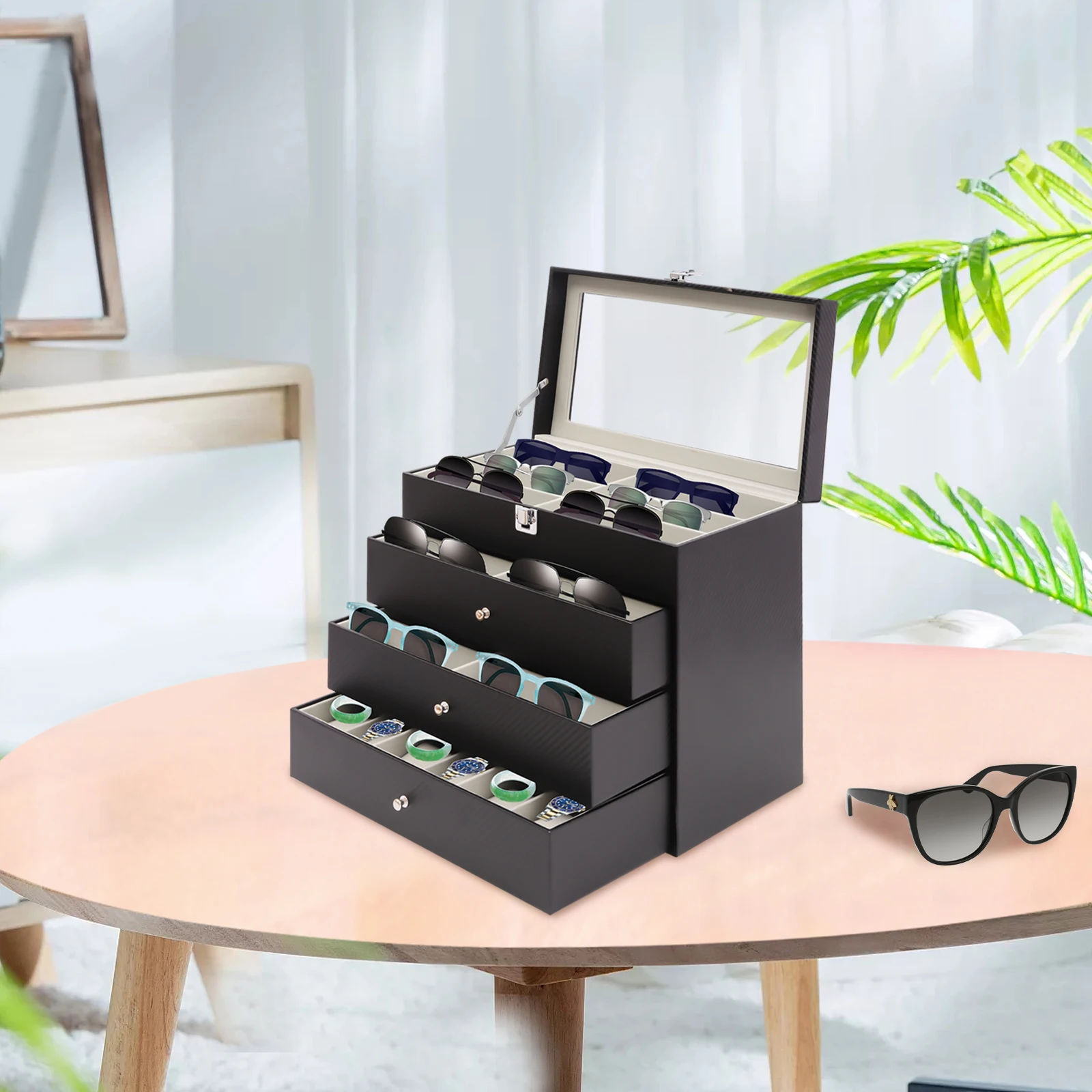 

27-Grids Eyeglass Sunglasses Glasses Storage Display Box Holder Organizer Case Carbon Fiber