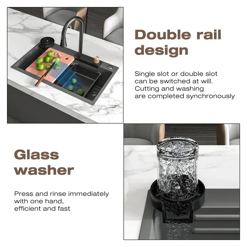 Multifunction Kitchen Sinks 304 Stainless Steel Kitchen Sink Faucet Modern Black Waterfall Rainfall Single Bowl Kitchen Sink Set 5