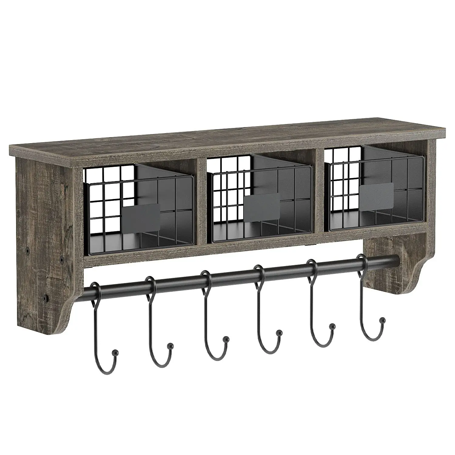 

Wall Mounted Shelf with Coat Hooks and Baskets, Solid Wood Entryway Organizer Wall Shelf with Hooks Rustic Blackwash 24" Wide