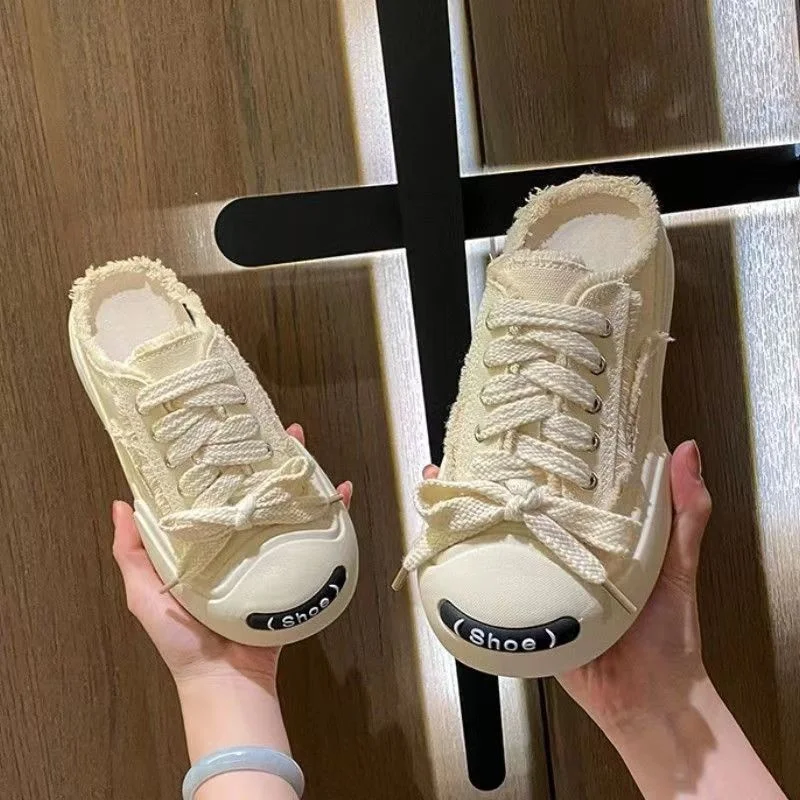 2023 New Summer All-match Beggar Shoes Temperament Baotou Half Slippers Women's Outer Wear Canvas Shoes