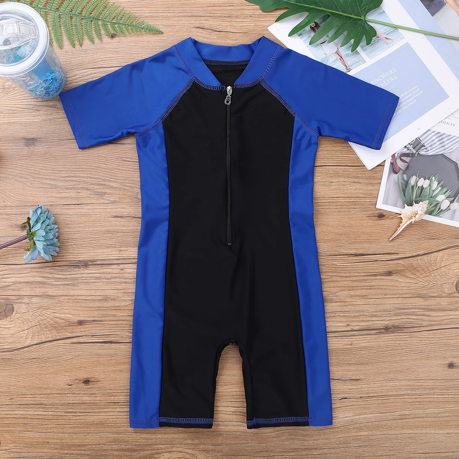 Unisex Girls Boys Short Sleeves Zippered Swimming Costume Swimsuit Kids One-Piece Swimwear for Surfing Bathing Beachwear