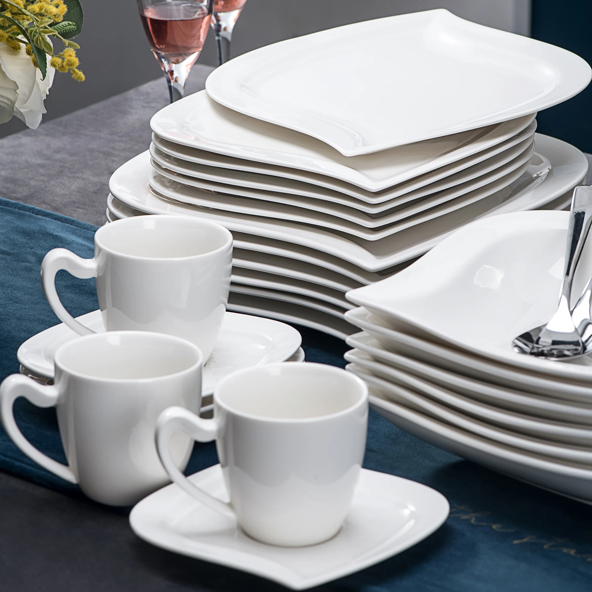 MALACASA 30/60-teiliges Geschirrset aus weißem Porzellan mit Tassen, Untertassen, Dessert, Suppe, Speiseteller, Geschirrservice für 6/12 – Detail 1