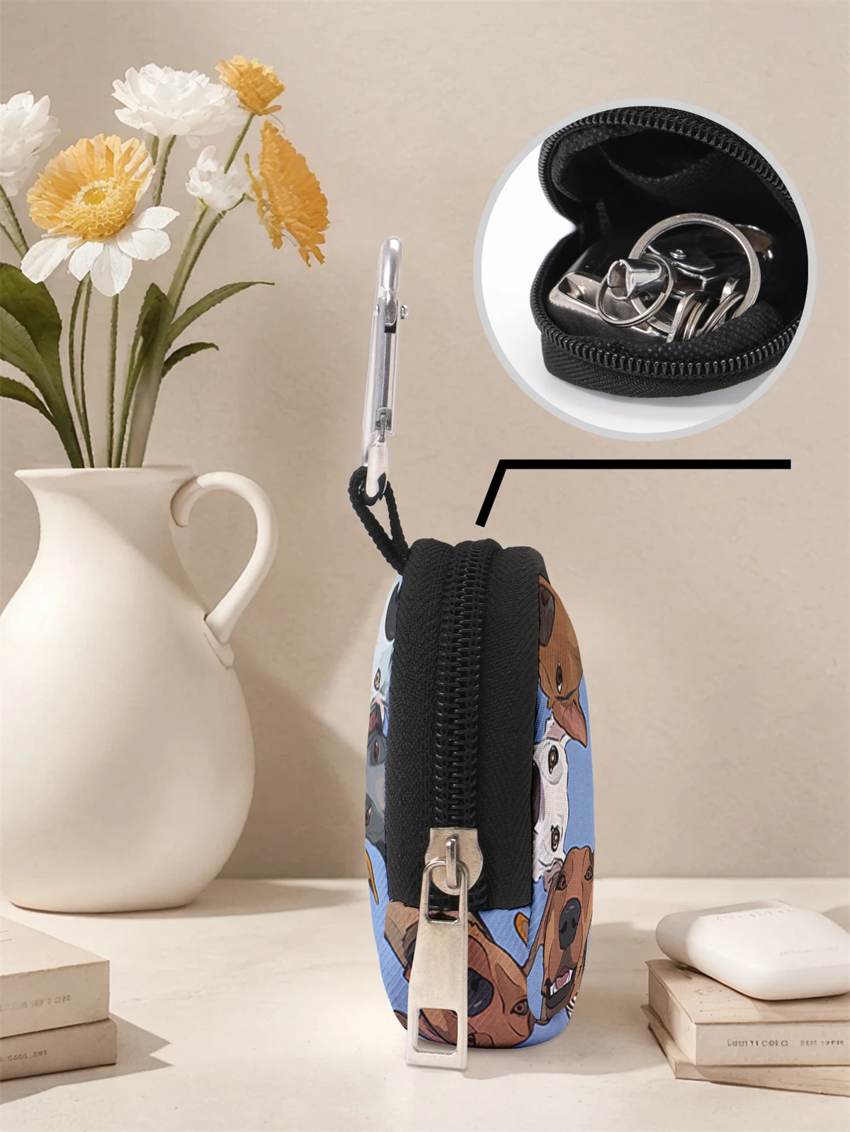 Dog pattern printed mini wallet, zipper change bag with hook clip, headphone key bag, suitable for men and women
