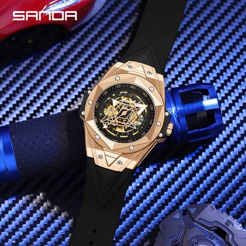 SANDA Fashion Rose Gold Case Cool Dial Automatic Mechanical Watch Real Men's Watch Luminous 50M Waterproof Fashion Watch 7014