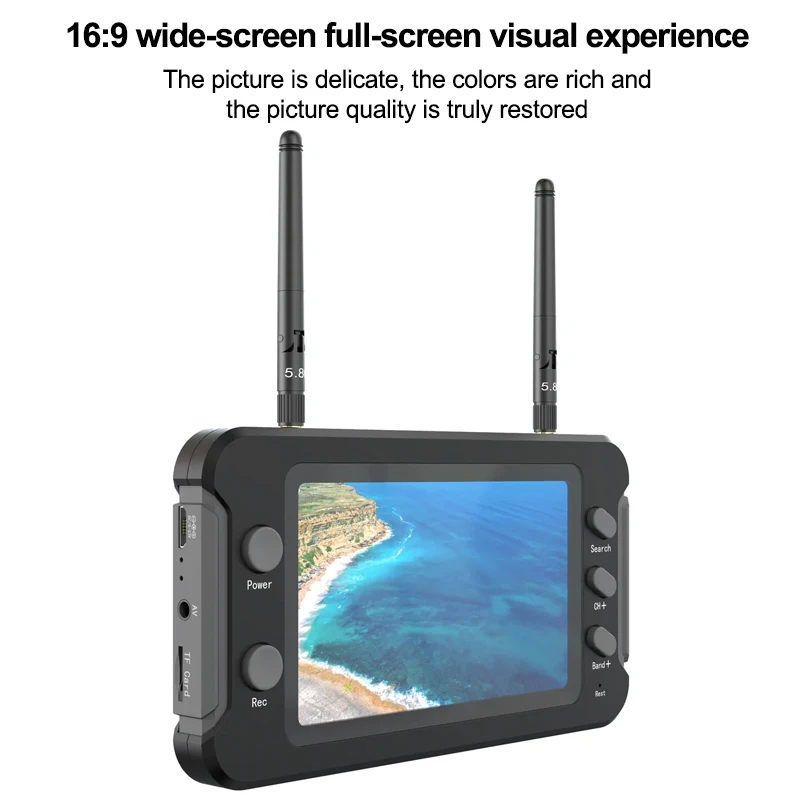 Écran FPV 5.8GHz 4.3 pouces avec batterie intégrée, monté sur une télécommande de drone