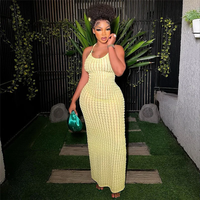 

Ribbed Ruffles Vacation Maxi Dresses Women Sexy Spaghetti Straps Cross Bandage Backless Stretch Bodycon Long Party Robe Vestidos