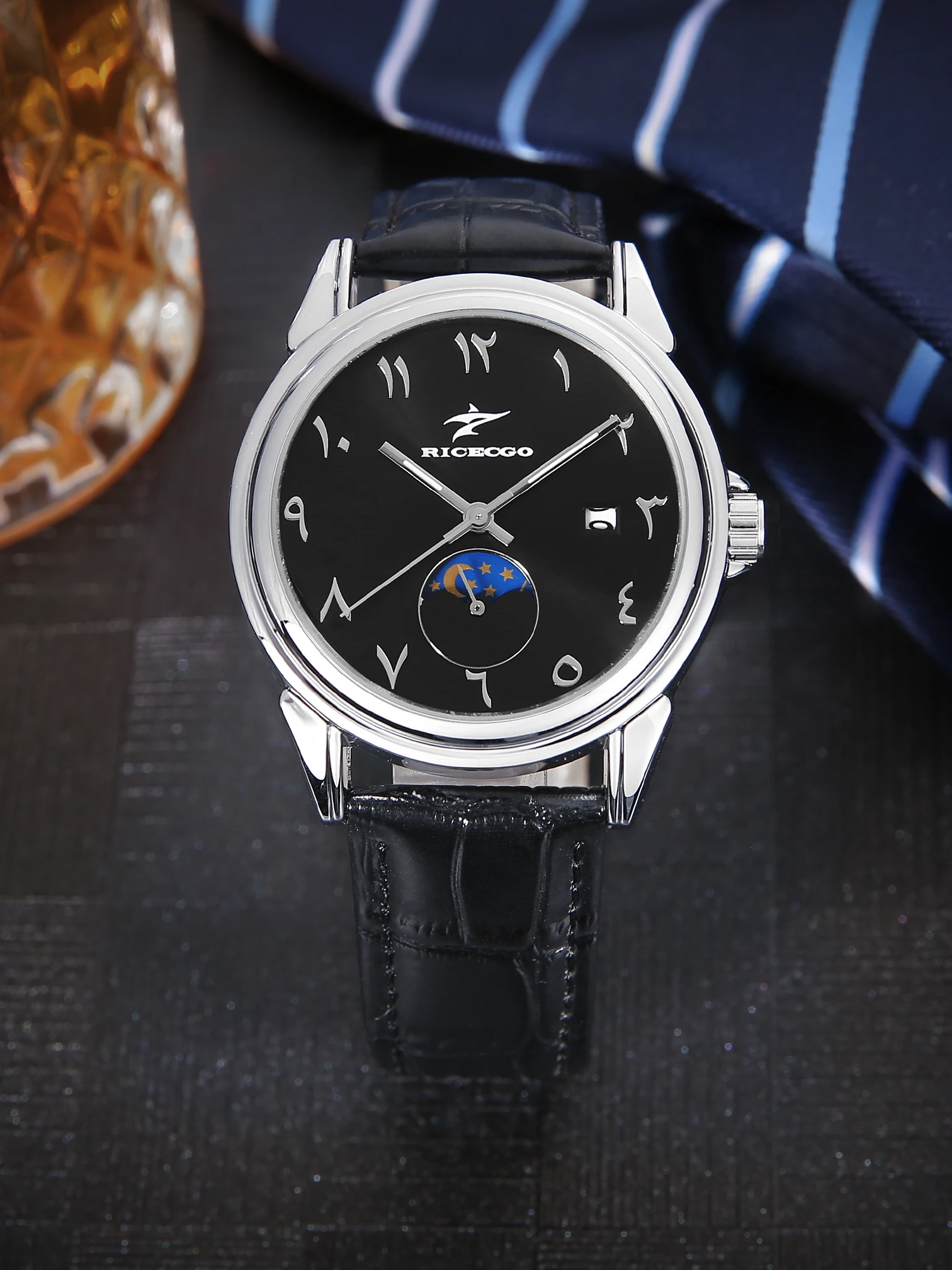Men's quartz wristwatch, equipped with a calendar, leather strap, and glowing hands suitable for a vibrant lifestyle - 5