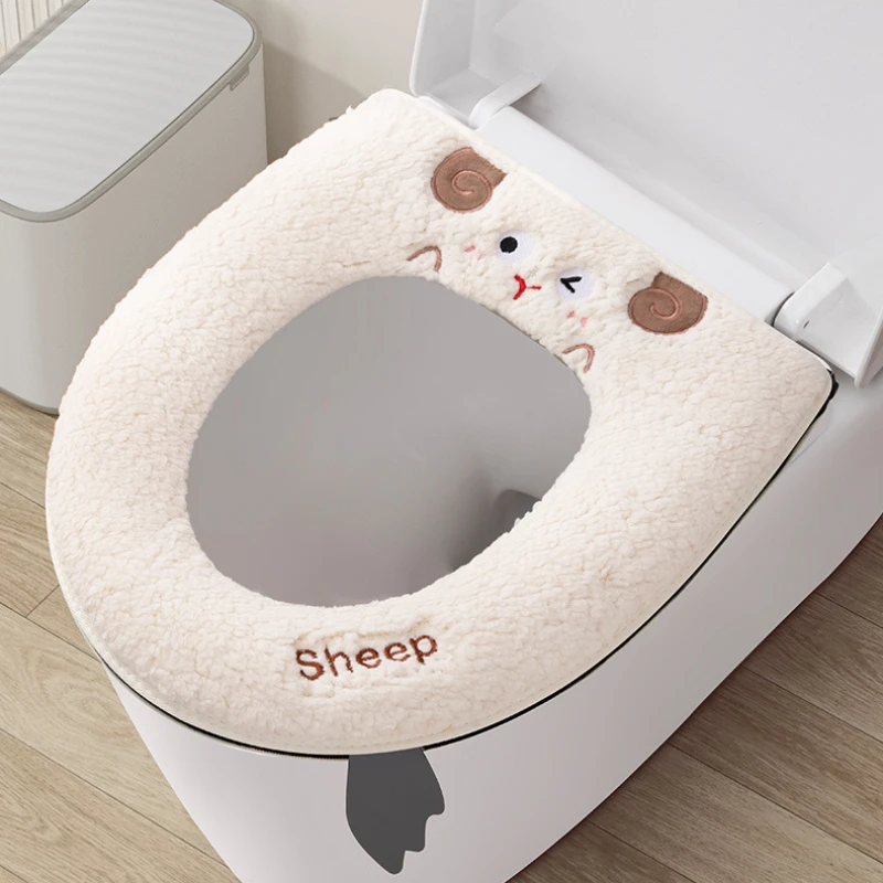 Cartoon Sheep Zipper Toilet Mat Lamb's Wool Toilet Seat Cover Universal Waterproof Seat Cushion Bathroom Accessories toilet seat cover toilet mat