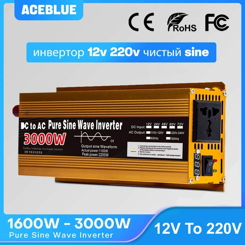 อินเวอร์เตอร์ 12v 220v Pure Sine Wave 1600W 2200W 3000W DC 12v To AC 220V แบบพกพาแหล่งจ่ายไฟแปลงรถอินเวอร์เตอร์พลังงานแสงอาทิตย์ 1