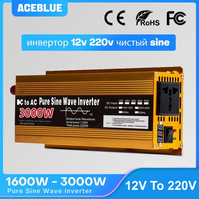 อินเวอร์เตอร์ 12v 220v Pure Sine Wave 1600W 2200W 3000W DC 12v To AC 220V แบบพกพาแหล่งจ่ายไฟแปลงรถอินเวอร์เตอร์พลังงานแสงอาทิตย์ 1