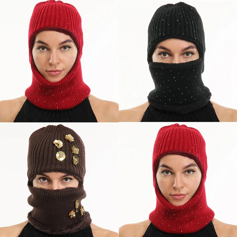 

Women Men Winter Knitted Balaclava Beanie Hat Ski Face Cover Thick Plush Lined Thermal Neck Warmer Gaiter Sequins for Dropship
