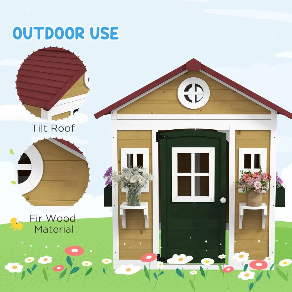 Outsunny Playhouse for Kids Outdoor, Wooden Playhouse with,Planter Pots Boxes for Toddlers 3-8 Years, Cottage Play House 4