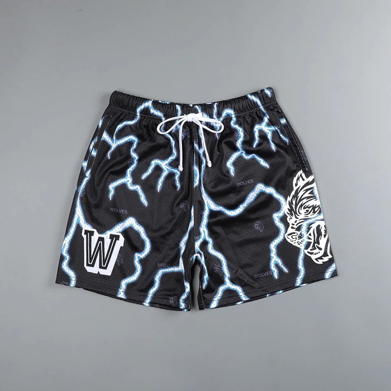 New men's shorts Fashion street wear casual quarter pants Quick dry mesh sports pants Lightning Wolf head logo design shorts