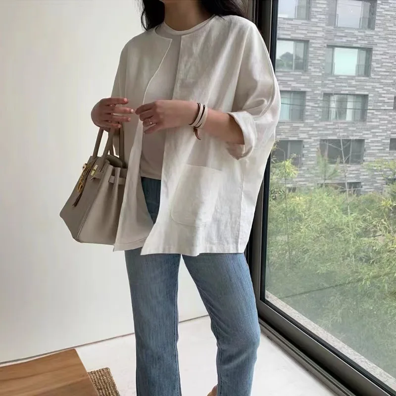 Seiden-Baumwoll-Leinen-Oberteile für Damen Frühling Sommer Neue Retro Oversize-Blusen Farbblockierung Einfaches Baumwoll-Leinen-T-Shirt für Frauen
