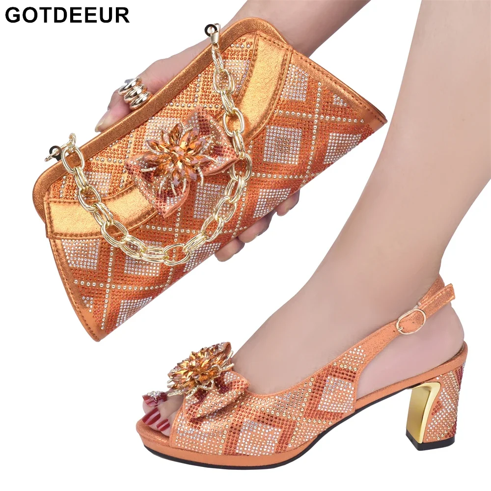 

New Arrival Italian Shoes and Bags Matching Set Plus Size Heels 43 Wedding Shoes Bride Rhinestone Women Party Pumps with Purse