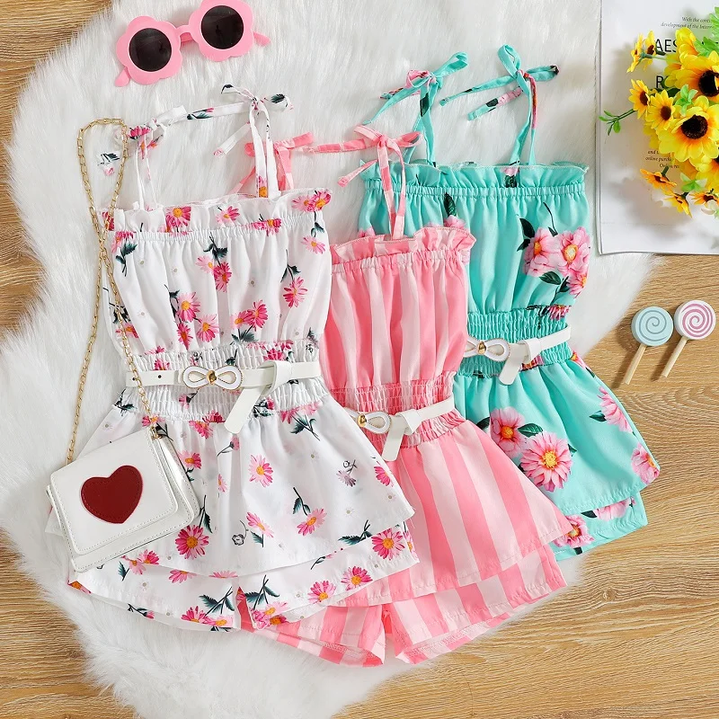 Baby Clothing Set cheap 2022 new children's belt fashion suit baby one-piece pants Summer girls' suspender love printed one-piece clothes newborn baby clothing gift set