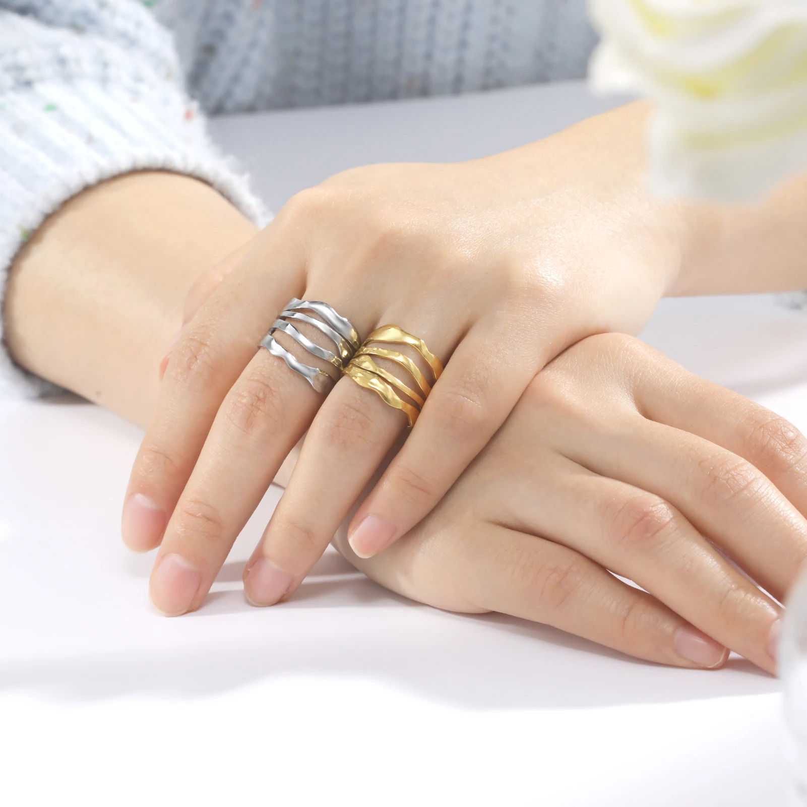 Stainless Steel Geometric Heart Adjustable Open Ring - Fashion Jewelry Gift