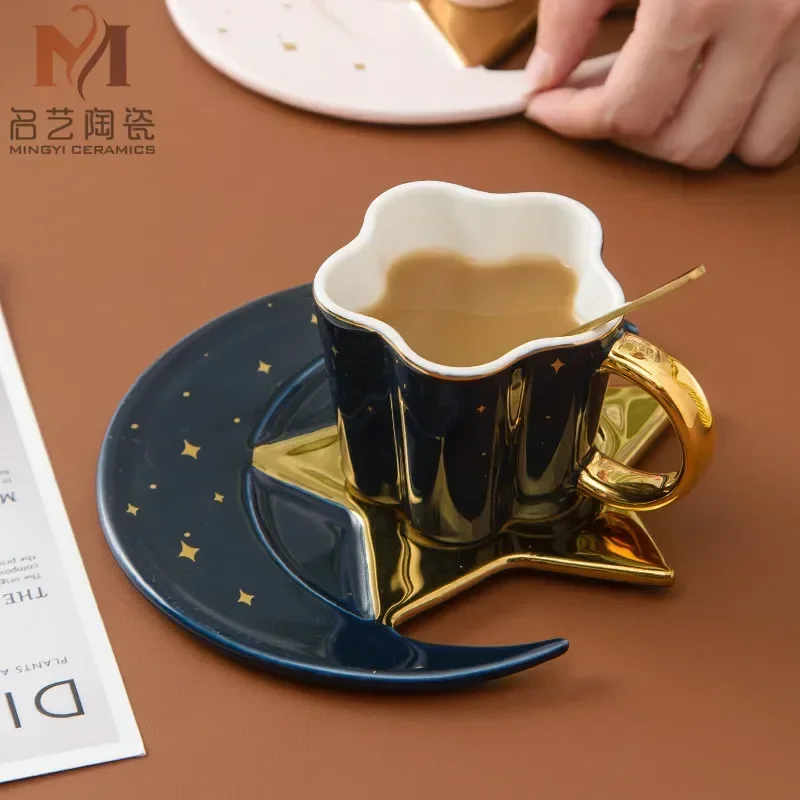 

Spoon Juice Cup Handle Golden Drink Moon Afternoon Creative Porcelain Milk Saucer And Water Tea Star Mug With Coffee Ceramic