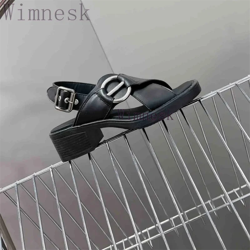 

Spring Summer New Square Toe Open Toe Women Sandals Fashion High Heels Genuine Leather Buckle Strap Metal Decor Women Shoes 2024