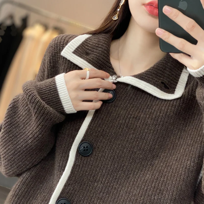 

Осенне-зимний кашемировый свитер женская блузка Толстая с новым 2022 экзотическим мокко цветом Французский Ретро пуговица для пуловера свитер.