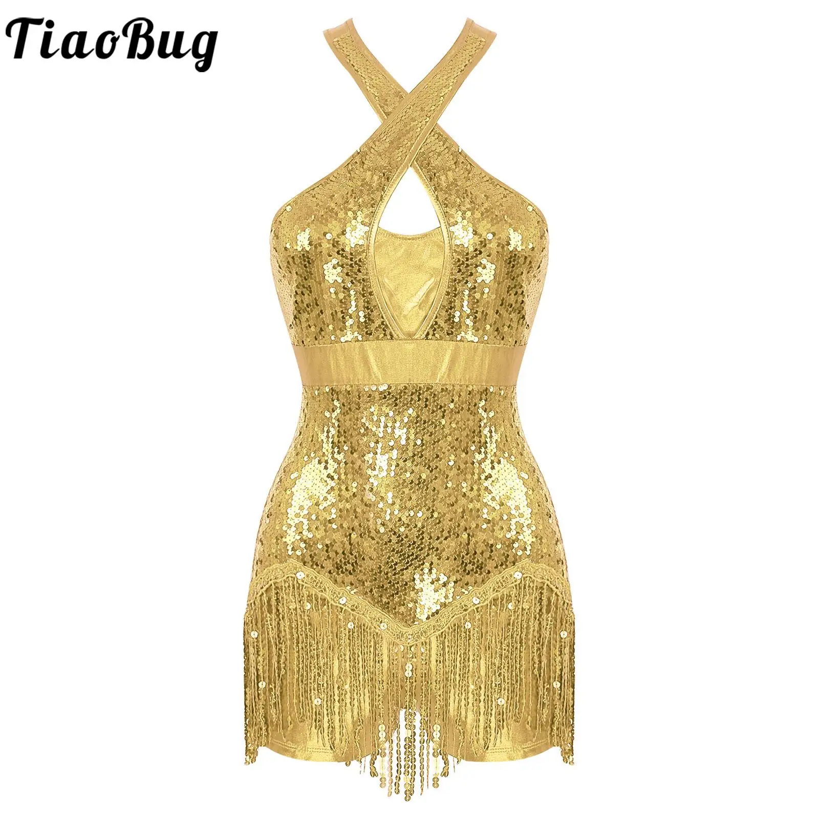 WomensSequinDanceDressLatinAmericanDanceCostumeBodySleeveless