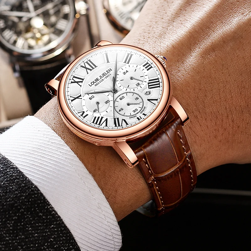 2023 Fashion Mens orologi Top Brand Luxury cinturino in vera pelle orologio da uomo al quarzo Business Casual data cronografo orologio da uomo
