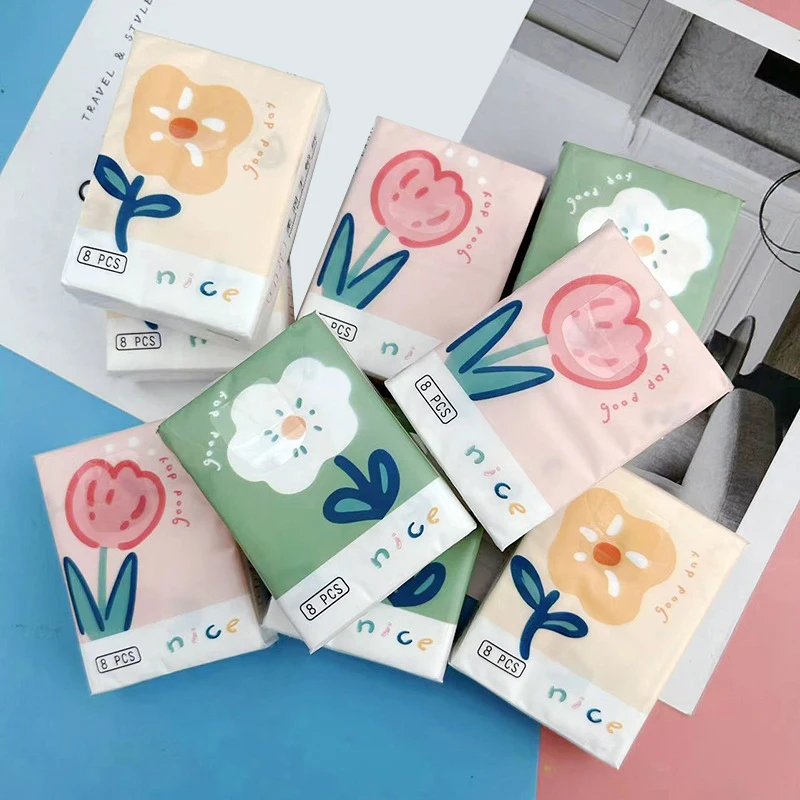 9Packs Cartoon Flower Handkerchief Paper Portable Small Virgin Wood Pulp Napkin House Facial Tissue Hand Towel
