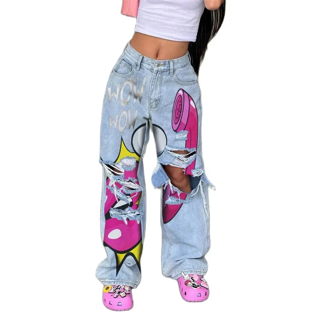 

Лето 2025, модные женские джинсы в евро-американском стиле со средней талией и мультипликационным принтом, грубые широкие брюки с вырезами и широкими штанинами