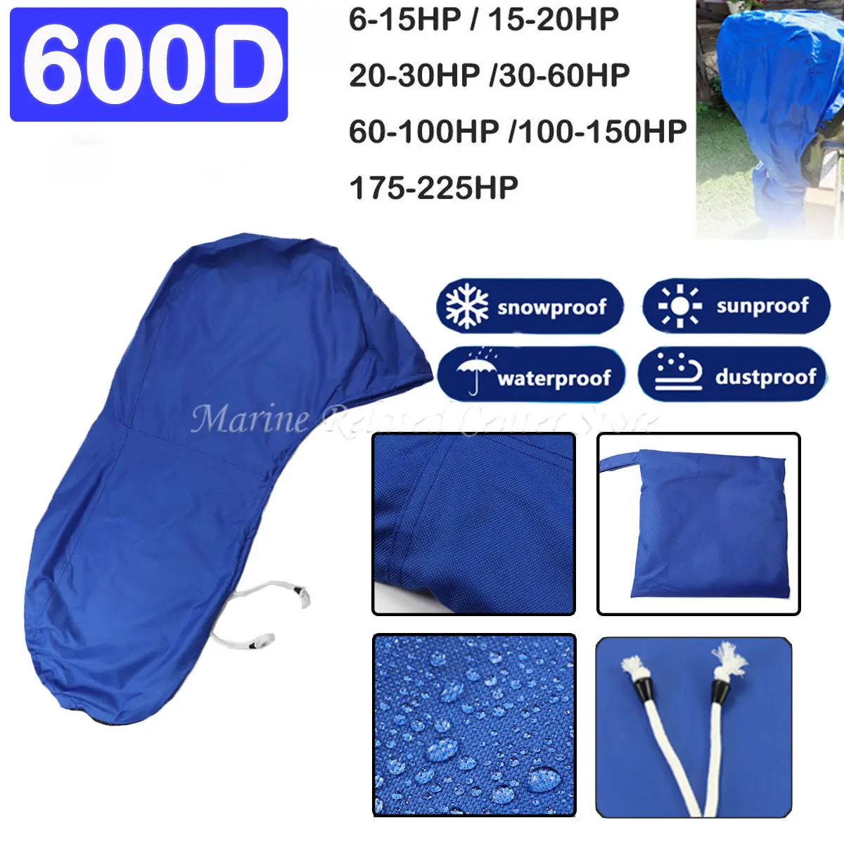 Blue 6-225HP Half Boat Motor Engine Cover 600D Waterproof Outboard Anti Sun Dustproof Marine Engine Protector Cover Canvas