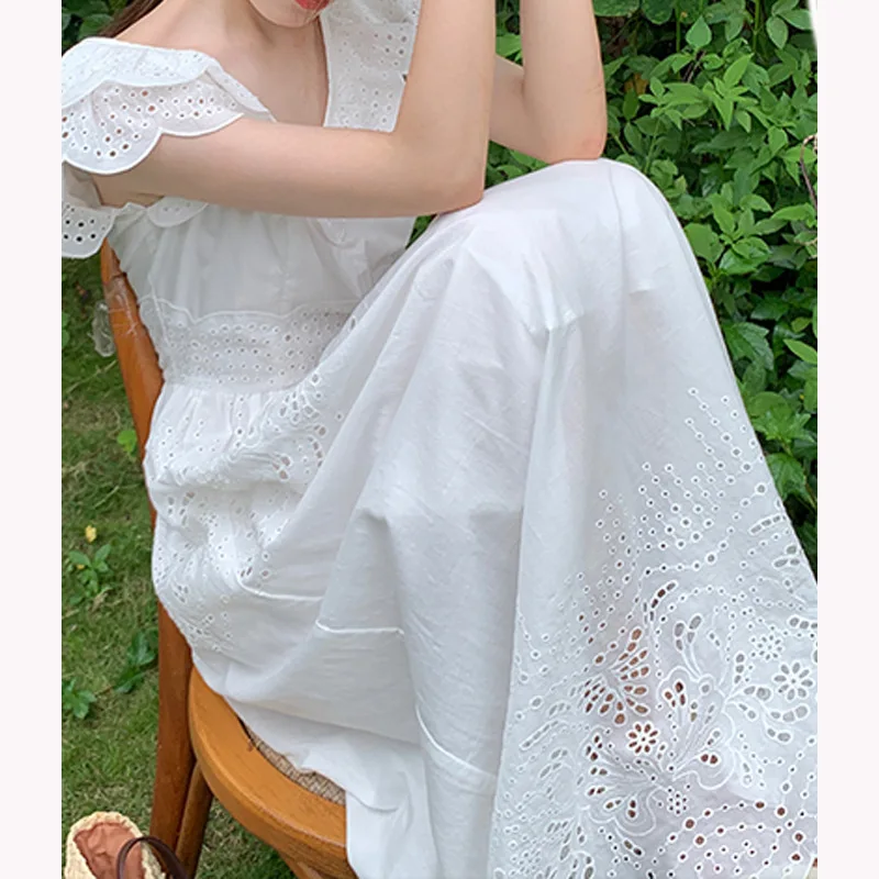 

Ordifree 2022 Summer Women Long Party Dress Sleeveless Vintage Embroidery White Lace Tunic Maxi Beach Dress