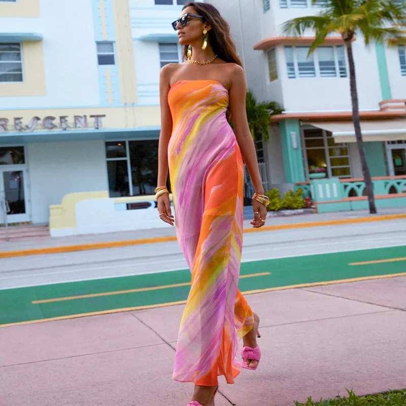 

2023 Summer Women Sexy Off Shoulder Print Tulle Maxi Dresses Chic Backless Sleeveless Dress Elegant Slim Party Club Lady Vestido