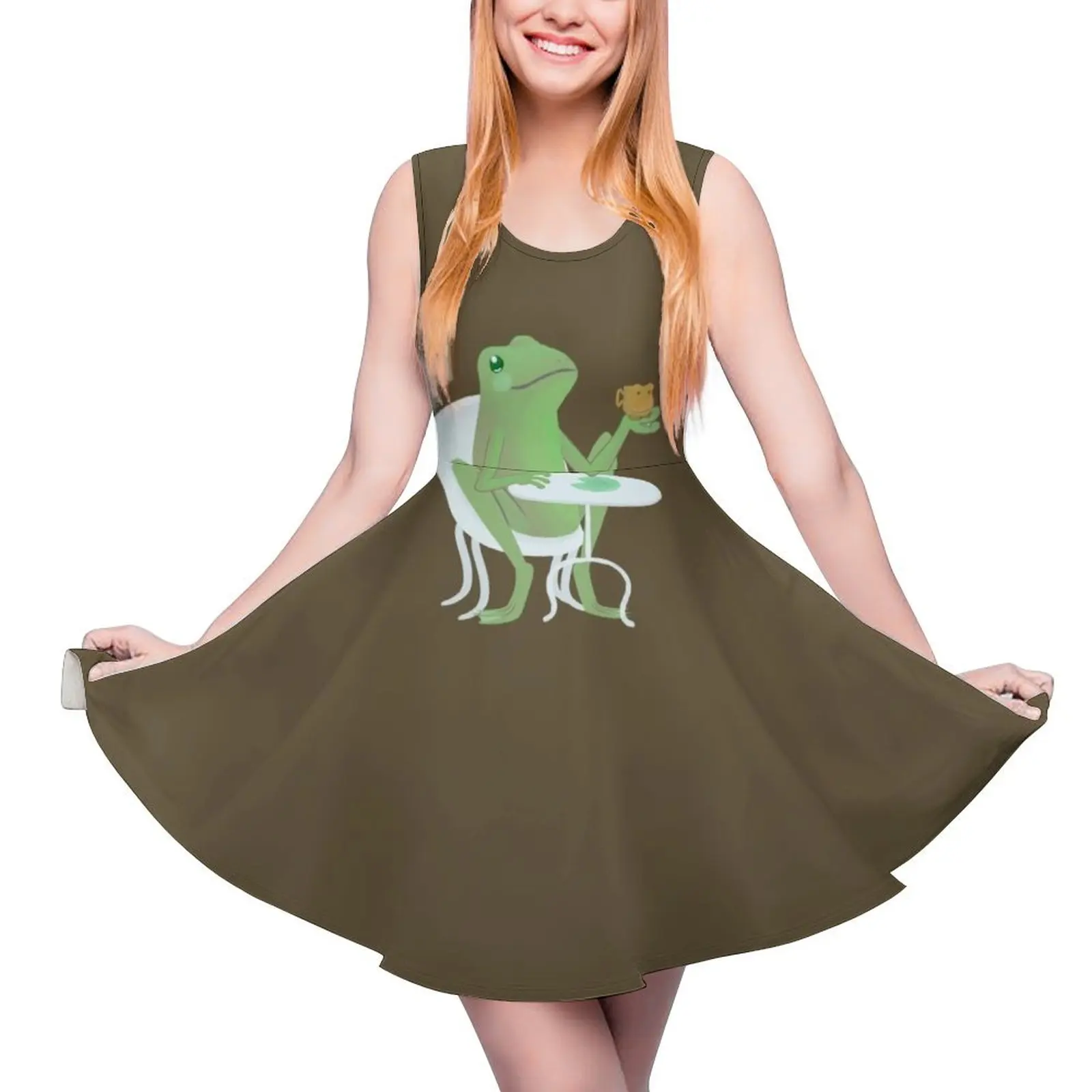 

Just a green frog havin' tea Round Neck Dress cute dress Women dresses summer prom clothes dresses korean style