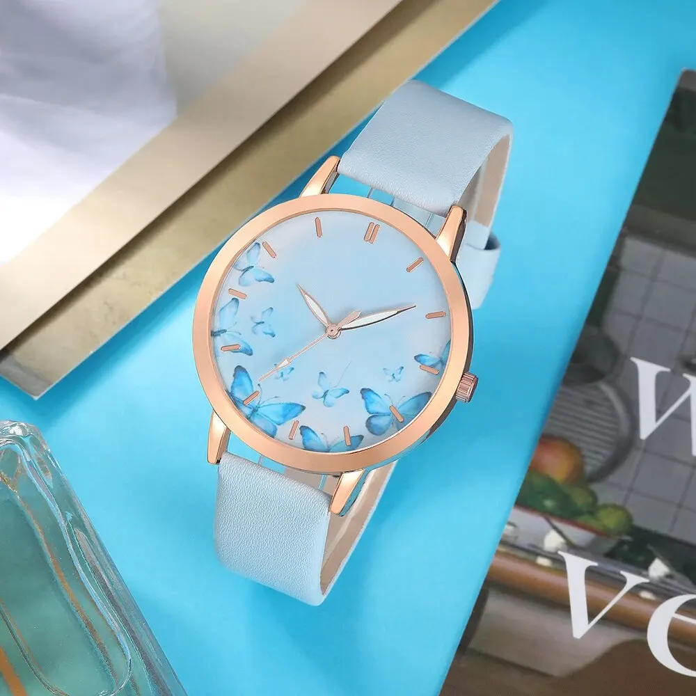 Women Watches 7pcs Women's Watch Set Fashion Casual Blue Butterfly Quartz Watch Fashion Casual Bracelet Set